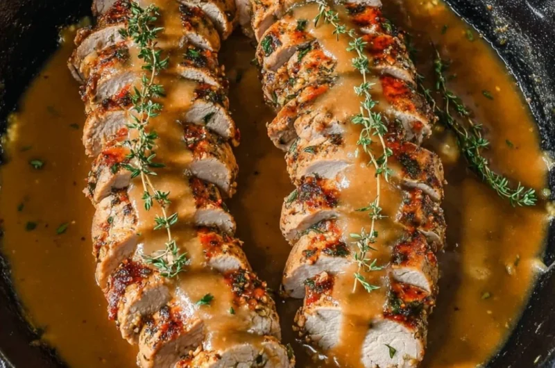Juicy baked pork tenderloin cooked in the oven, served with vegetables.