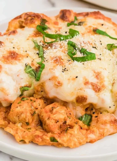 Keto Chicken Parmesan Casserole topped with melted cheese and herbs