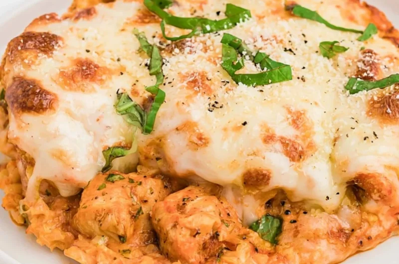 Keto Chicken Parmesan Casserole topped with melted cheese and herbs