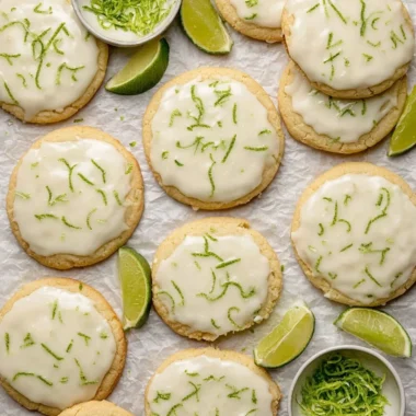 Plate of homemade Key Lime Cookies with lime slices for decoration.