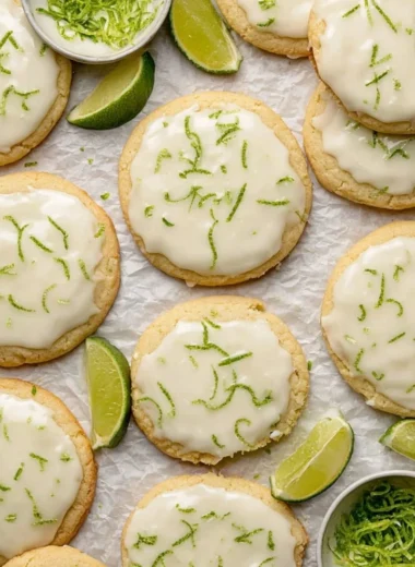 Plate of homemade Key Lime Cookies with lime slices for decoration.