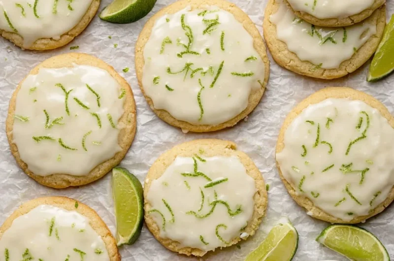 Plate of homemade Key Lime Cookies with lime slices for decoration.