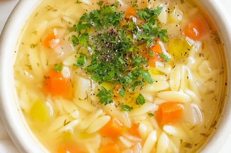 Bowl of hearty orzo soup with vegetables and herbs.