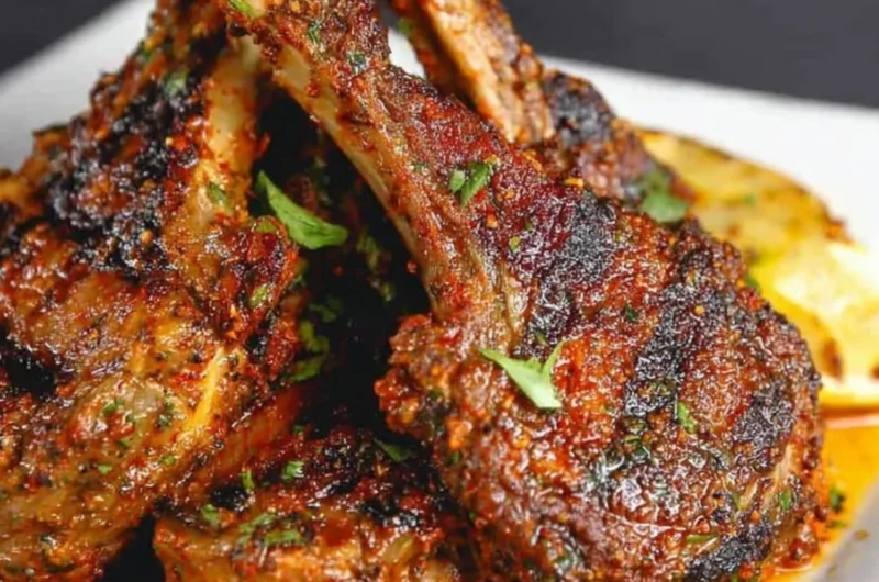 Oven-baked lamb chops served with garnish on a plate