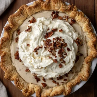 Slice of homemade Pecan Cream Pie with pecans on top