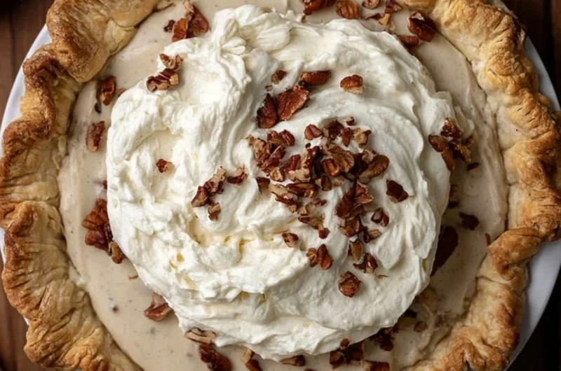 Slice of homemade Pecan Cream Pie with pecans on top