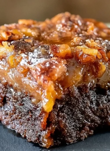 Delicious pecan pie brownies topped with chopped pecans and chocolate.