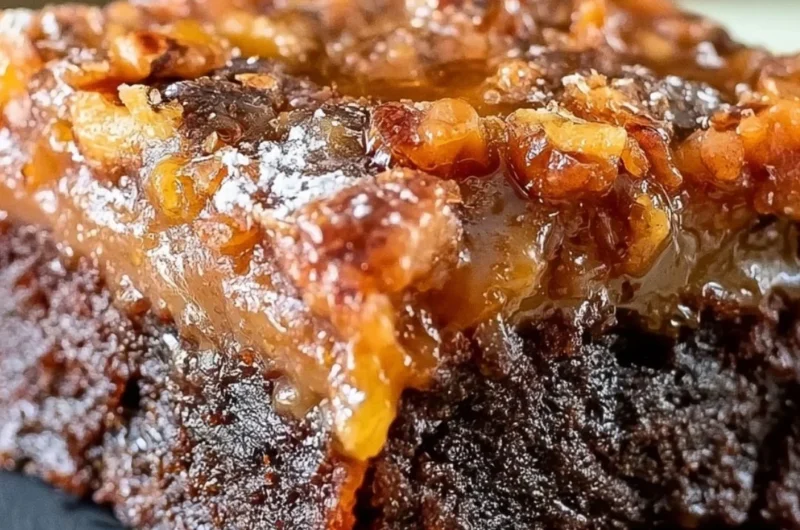Delicious pecan pie brownies topped with chopped pecans and chocolate.