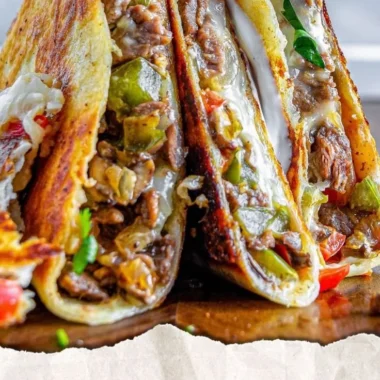 Philly Cheesesteak Quesadilla with melted cheese and finely chopped steak.