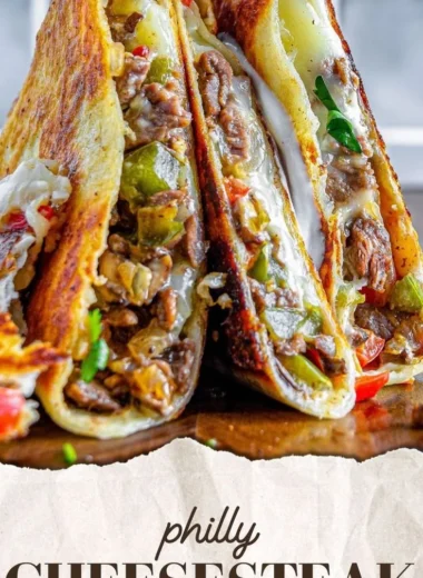 Philly Cheesesteak Quesadilla with melted cheese and finely chopped steak.
