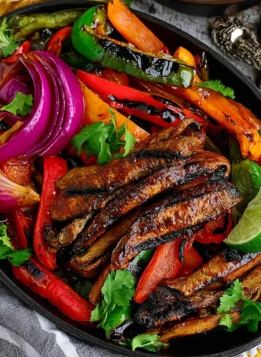 Portobello vegan fajitas served with colorful peppers and onions