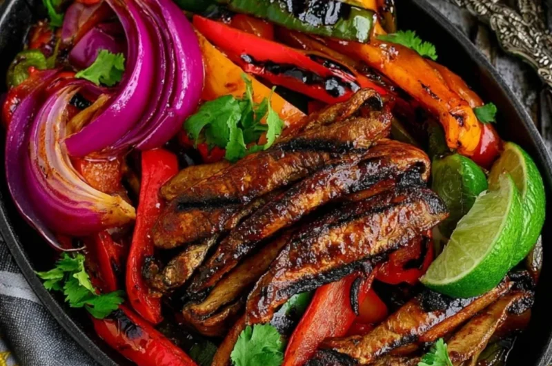Portobello vegan fajitas served with colorful peppers and onions