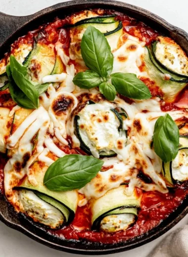Plated ricotta stuffed zucchini rolls garnished with herbs.
