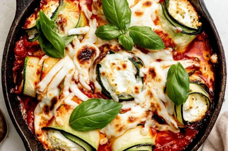 Plated ricotta stuffed zucchini rolls garnished with herbs.
