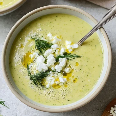 Bowl of roasted zucchini feta soup garnished with herbs