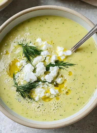 Bowl of roasted zucchini feta soup garnished with herbs