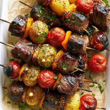 Delicious rosemary garlic steak kebabs on a grill