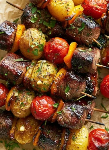 Delicious rosemary garlic steak kebabs on a grill