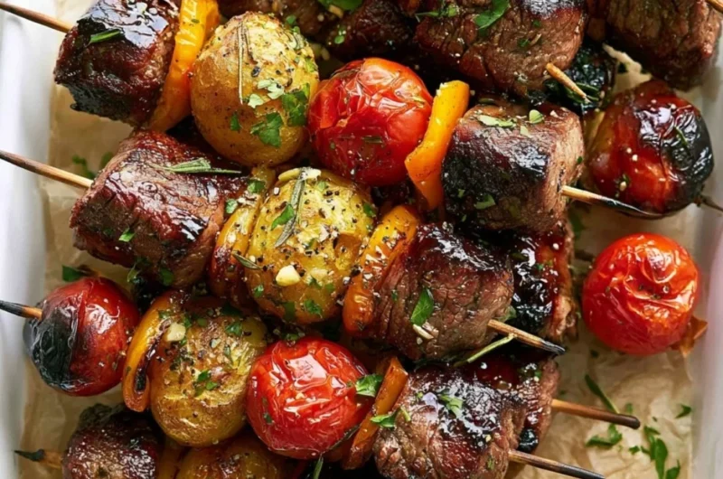 Delicious rosemary garlic steak kebabs on a grill