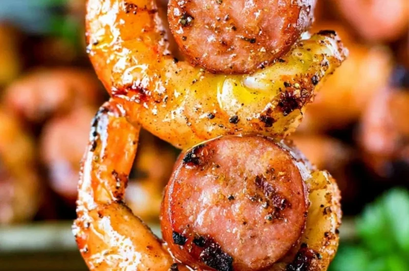 Grilled sausage & shrimp kabobs on skewers, garnished with vegetables.