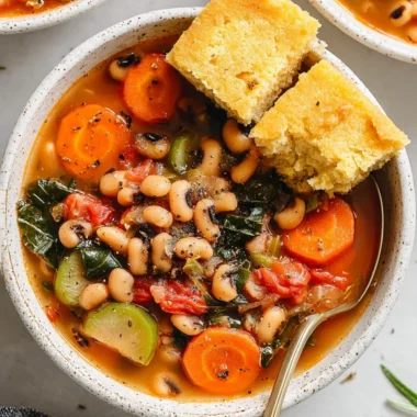 A warm bowl of smoky black eyed pea soup garnished with herbs.