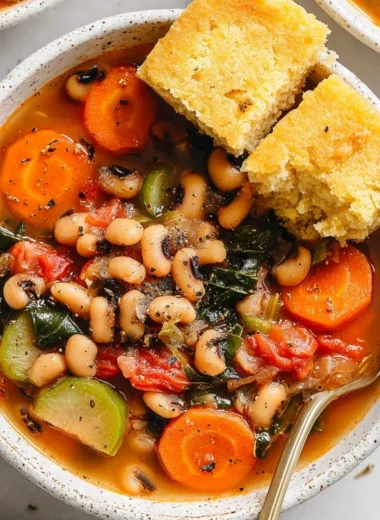 A warm bowl of smoky black eyed pea soup garnished with herbs.