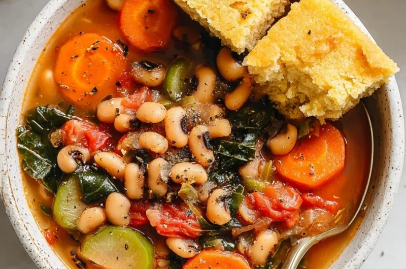 A warm bowl of smoky black eyed pea soup garnished with herbs.