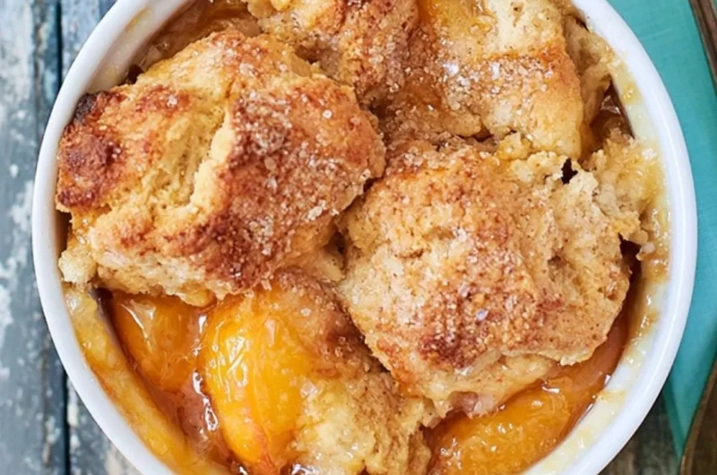 Delicious Southern peach cobbler with fresh peaches and golden crust