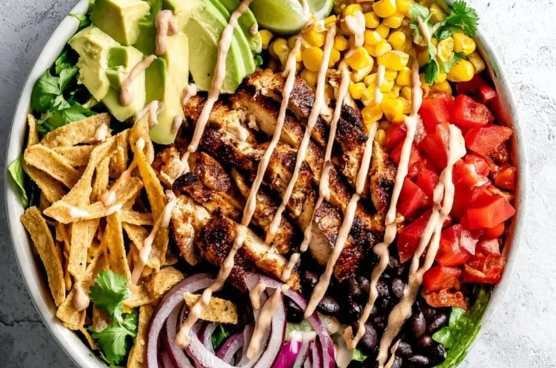 Bowl of Spicy Southwest Avocado Chicken Salad with colorful ingredients