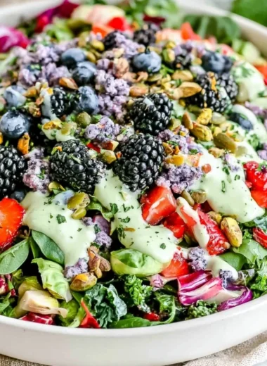 Superfood berry salad with creamy lemon herb dressing in a bowl