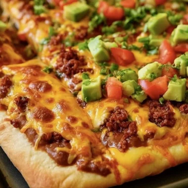 Delicious Taco Pizza topped with beef, veggies, and cheese