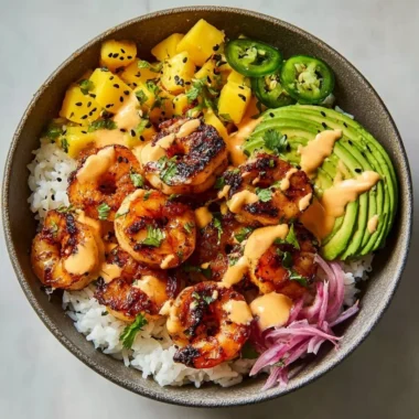 Delicious charred shrimp and avocado bowl with fresh ingredients