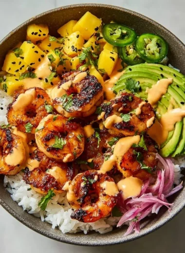 Delicious charred shrimp and avocado bowl with fresh ingredients