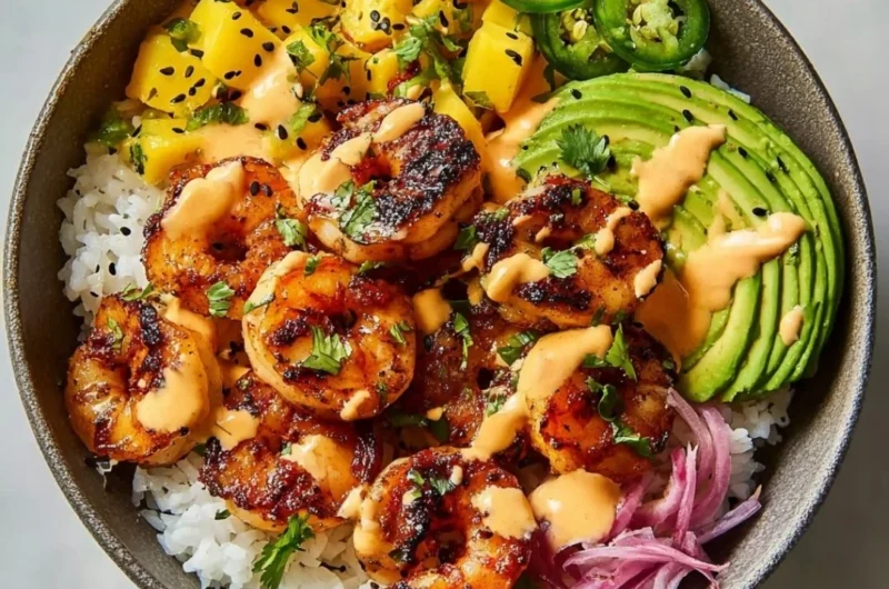 Delicious charred shrimp and avocado bowl with fresh ingredients