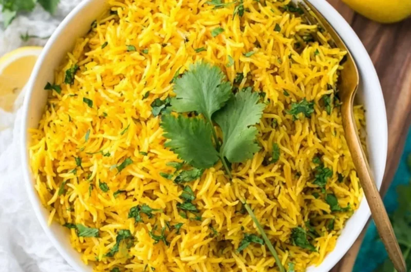 Bowl of delicious turmeric rice garnished with herbs and spices