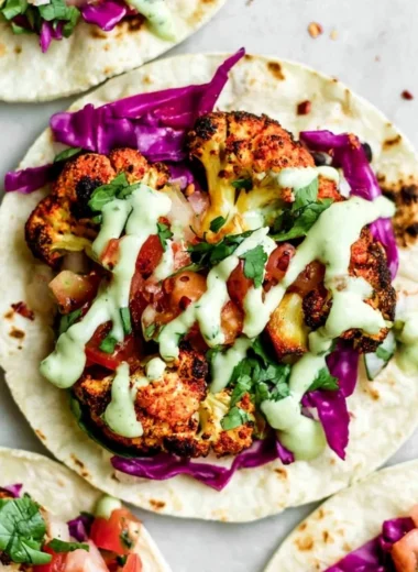 Vegan roasted cauliflower tacos served with fresh toppings