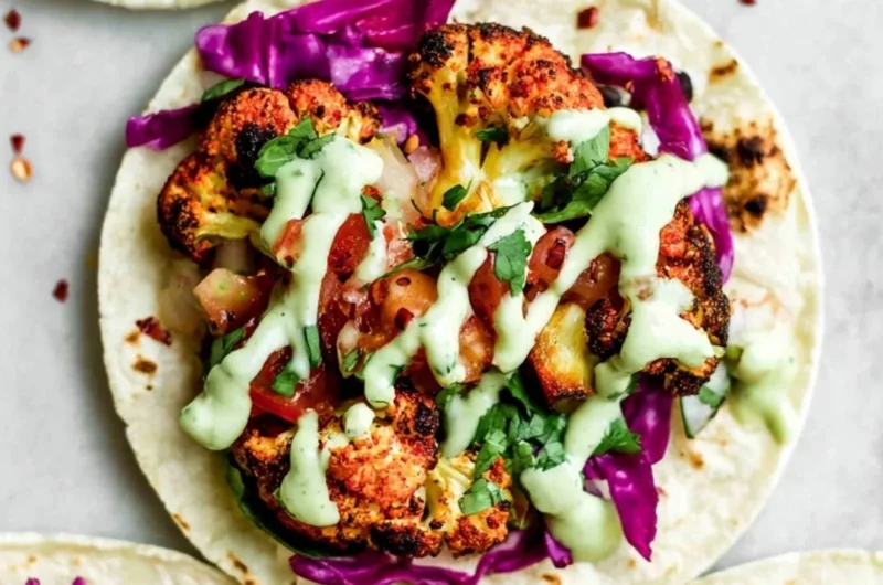 Vegan roasted cauliflower tacos served with fresh toppings