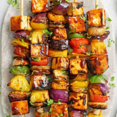 Delicious vegetarian kebabs featuring pineapple and tofu on skewers
