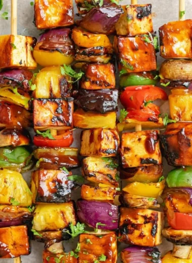 Delicious vegetarian kebabs featuring pineapple and tofu on skewers