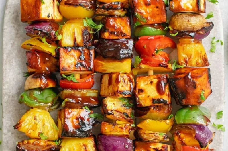 Delicious vegetarian kebabs featuring pineapple and tofu on skewers