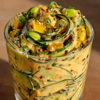 Viral creamy Asian cucumber salad served in a bowl, garnished with sesame seeds.