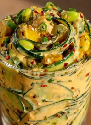 Viral creamy Asian cucumber salad served in a bowl, garnished with sesame seeds.