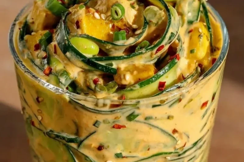 Viral creamy Asian cucumber salad served in a bowl, garnished with sesame seeds.