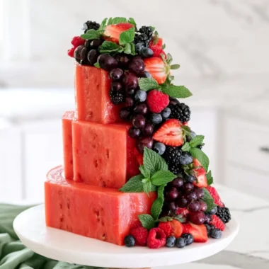 Refreshing Watermelon Cake topped with whipped cream and fruits