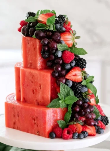 Refreshing Watermelon Cake topped with whipped cream and fruits