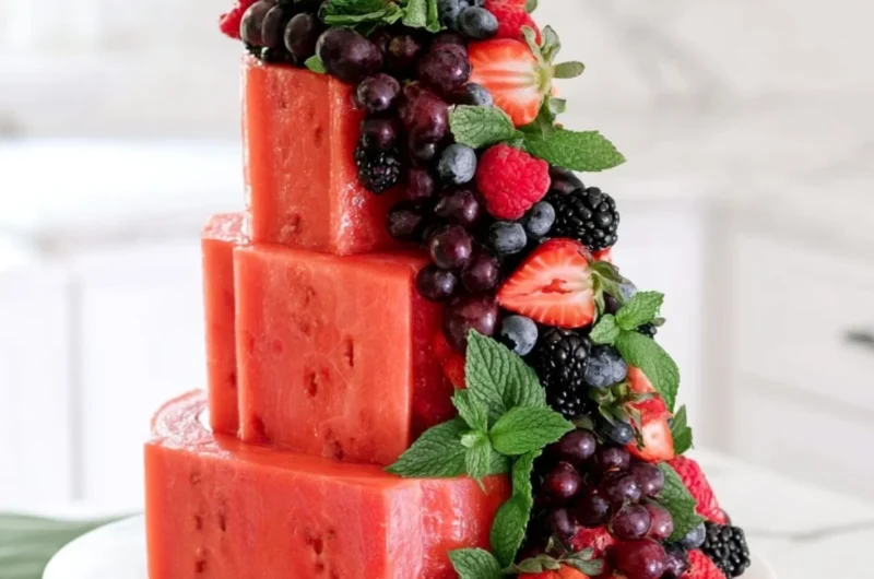 Refreshing Watermelon Cake topped with whipped cream and fruits