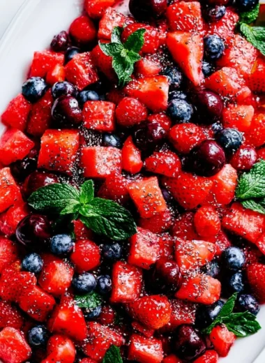 Refreshing Watermelon Salad with mint and feta cheese served in a bowl