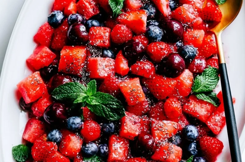 Refreshing Watermelon Salad with mint and feta cheese served in a bowl
