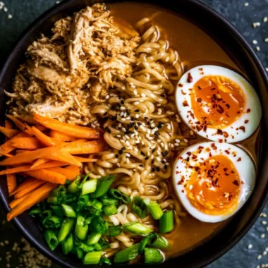 Bowl of 20-minute chicken ramen with noodles, chicken, and green onions