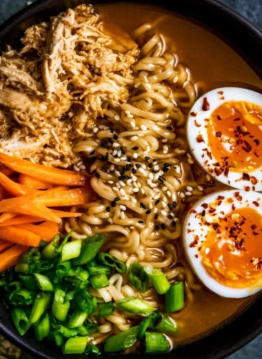 Bowl of 20-minute chicken ramen with noodles, chicken, and green onions